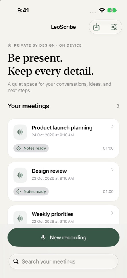 LeoScribe iPhone meeting library with fictional sample meetings