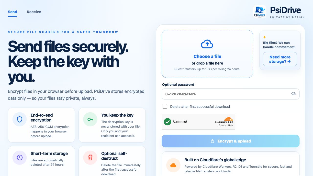 PsiDrive web interface with a file picker and transfer options