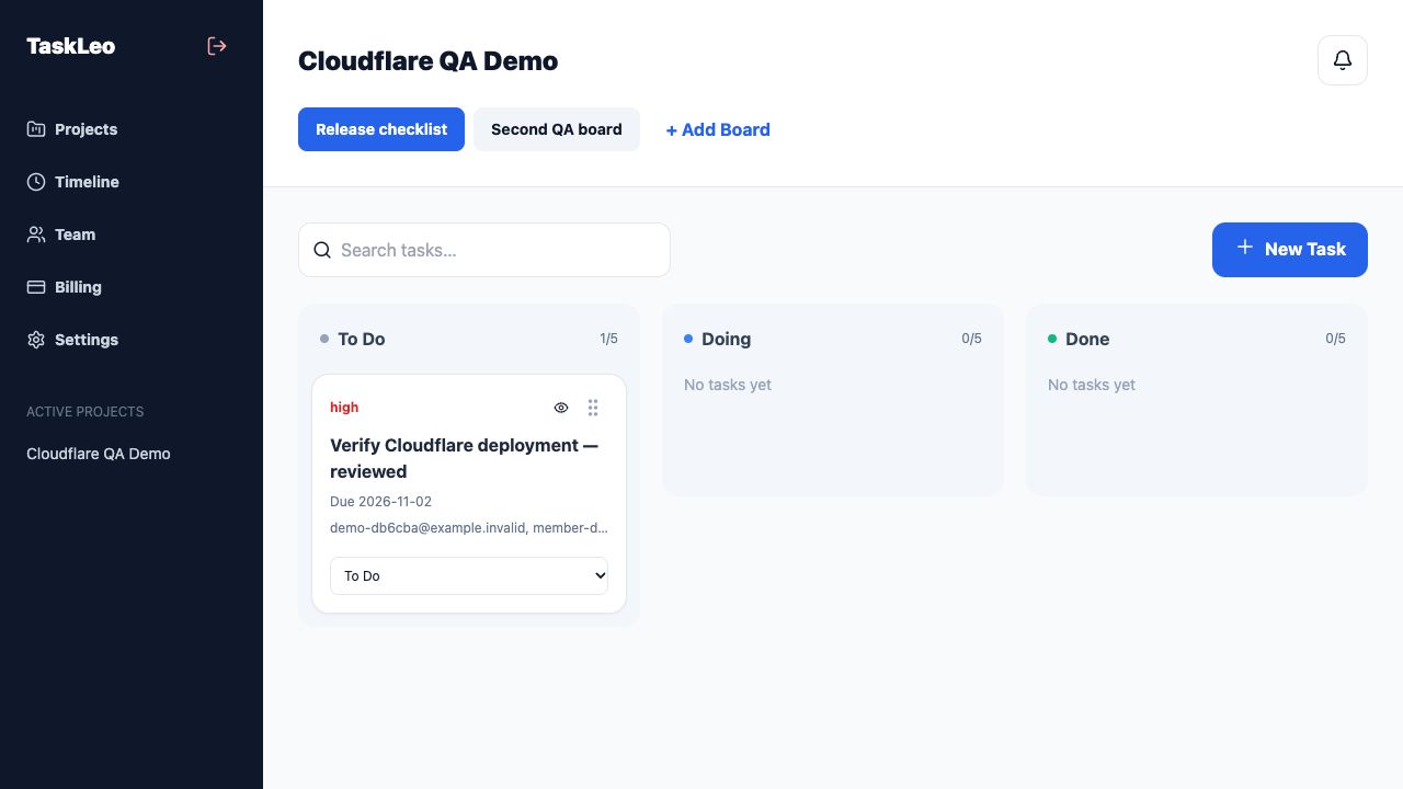 TaskLeo sample workspace with To Do, Doing, and Done columns